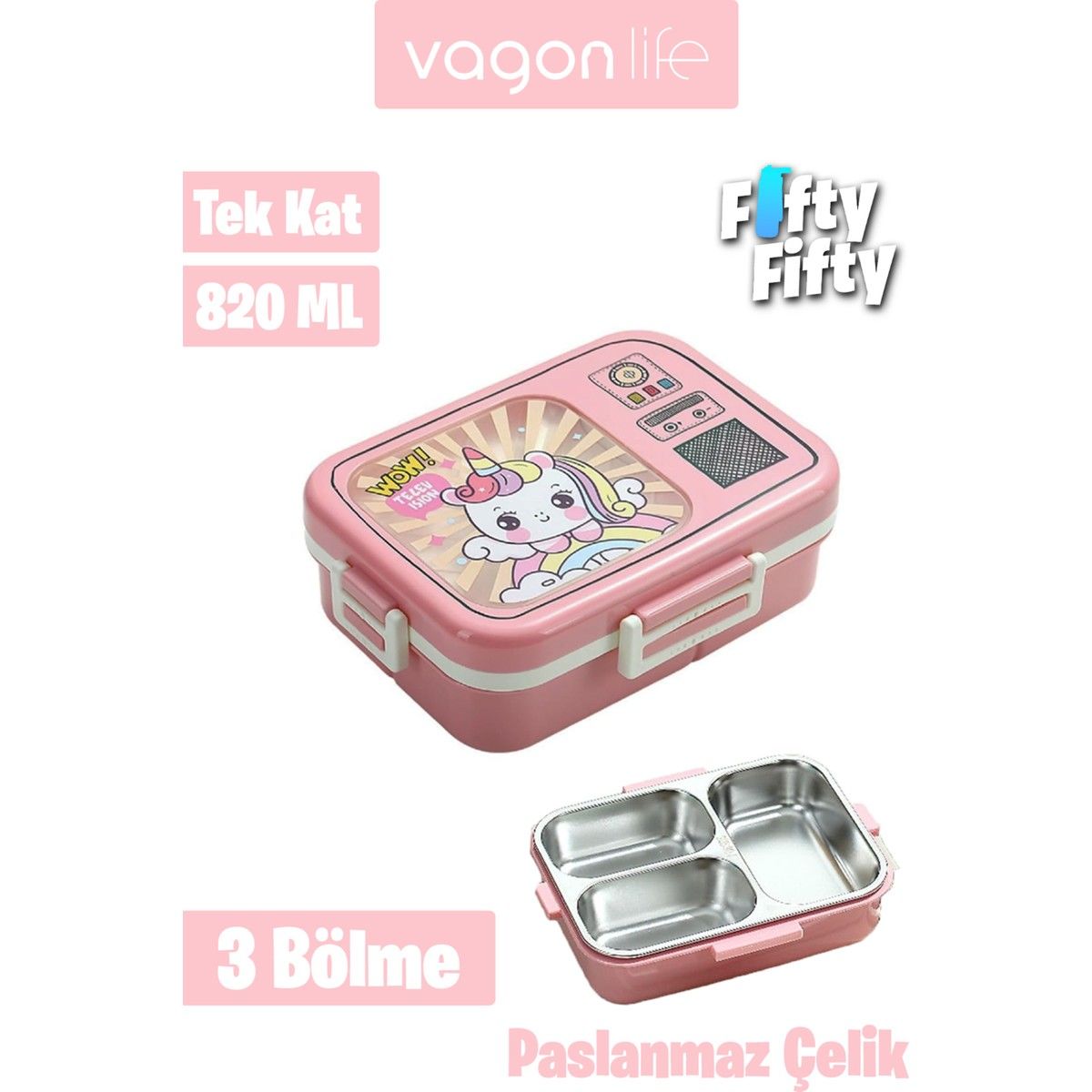 Vagonlife Lunch Box 820 ml Tek Kat Üç Bölmeli Sos Kaseli Yeni Nesil Sefer TASI-FFLBOX10283