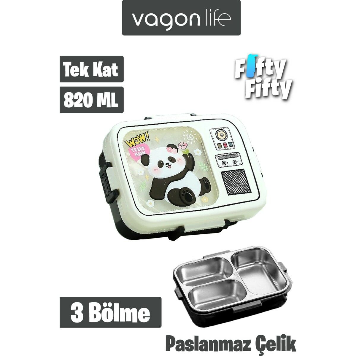 Vagonlife Lunch Box 820 ml Tek Kat Üç Bölmeli Sos Kaseli Yeni Nesil Sefer TASI-FFLBOX10283