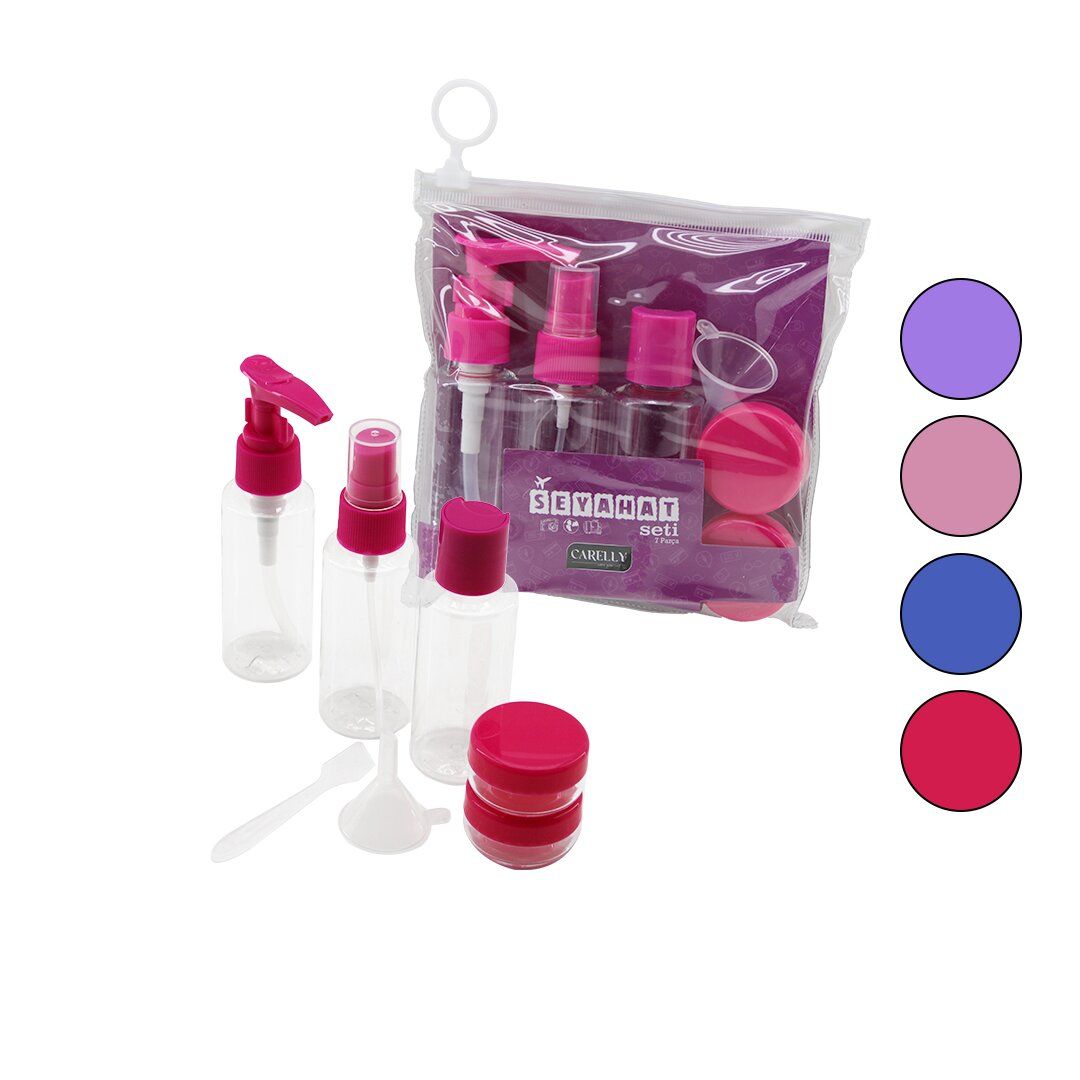 CARELLY CR-3110 (7PCS) SEYAHAT KOZMETİK SET (3-PLS.POMPALI+SPREY+KAPAKLI ŞİŞE(50ML)& 2-KREM KUTU(10GR)& 1-HUNİ & 1-SPATULA)*12X10