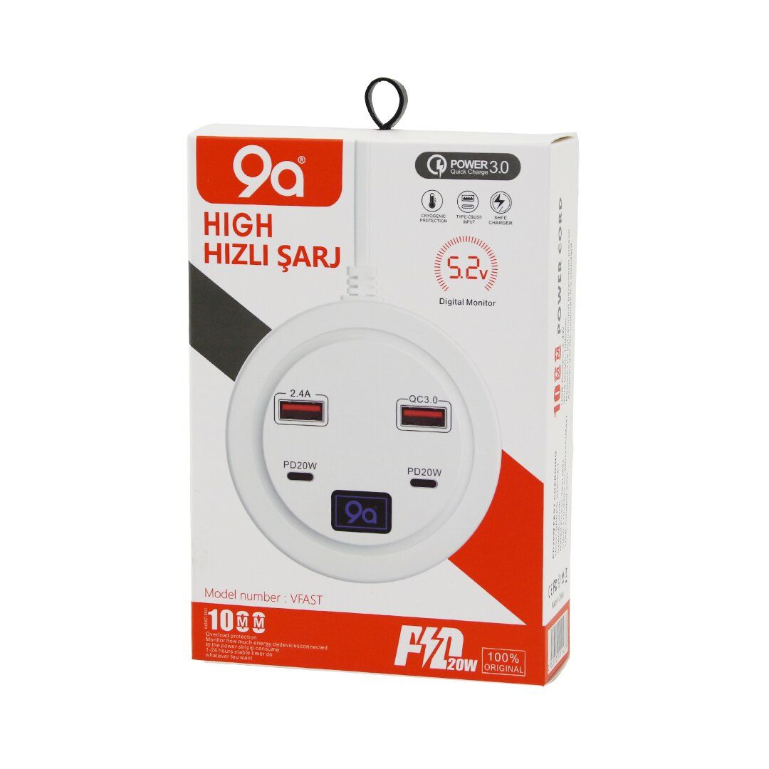 9A HIGH POWER 3.0 ( VFAST) KY-100 ( ÇOKLU= 4 LÜ ) ( HIZLI ) ŞARJ SETİ ( 2AD -PD20W=TYPE-C & 2.1A + QC3.0= USB ) (2.4W)*160