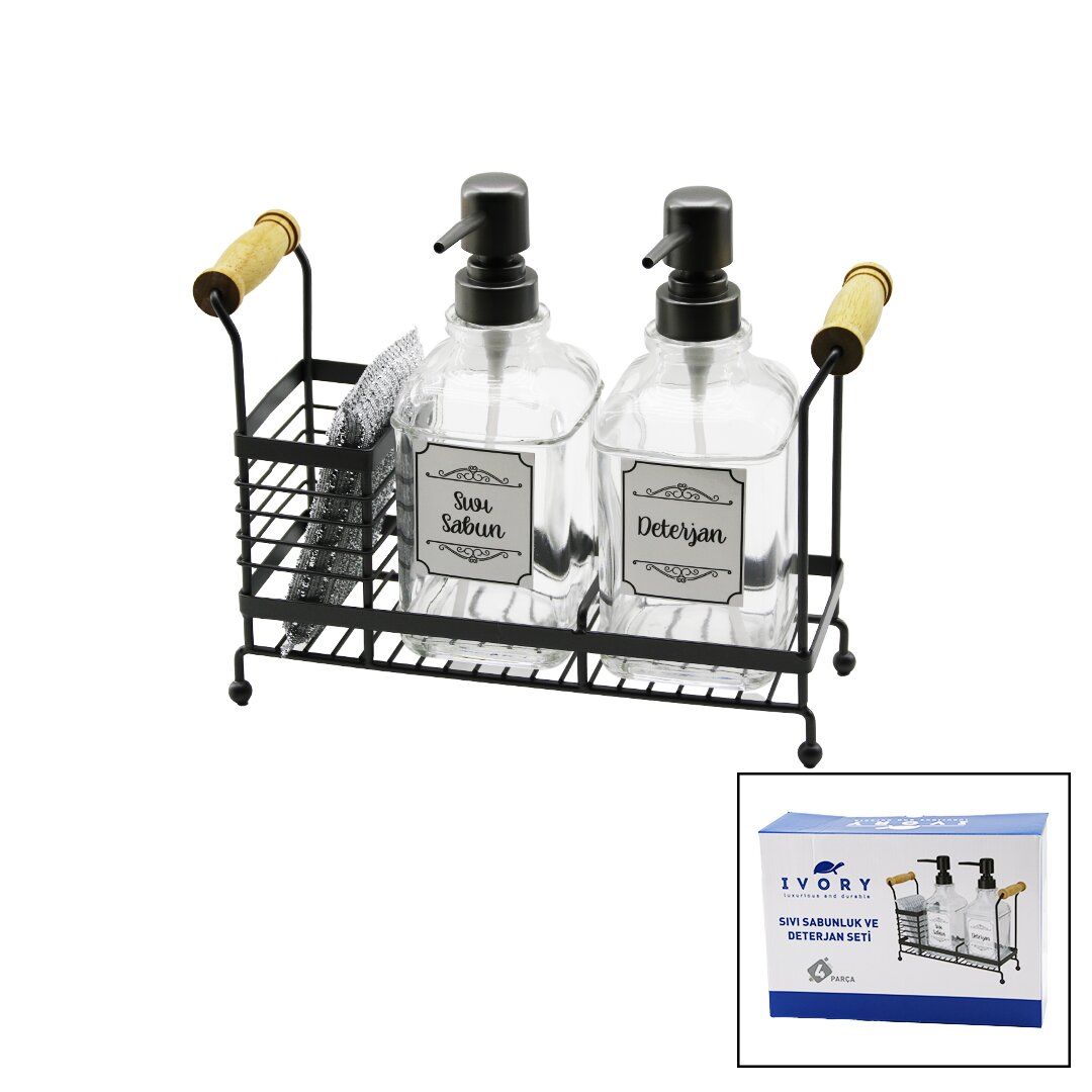 IVORY IVO-SB101 ( METAL STANDLI ) ( 4PCS ) ( CAM SIVI SABUNLUK & DETERJANLIK=2X500ML & SÜNGER ) TEMİZLİK SETİ*24