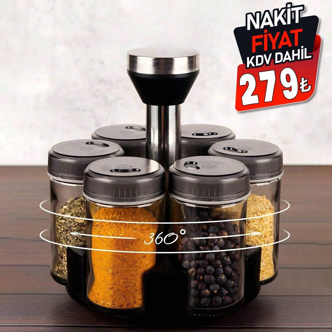 SPICE RACK OT-020 YAKUT-10754 ( 6PCS ) ( YUVARLAK ) CAM & PLASTİK KAPAK TUZLUK & BAHARATLIK ( DÖNER STANDLI )*24 qq2