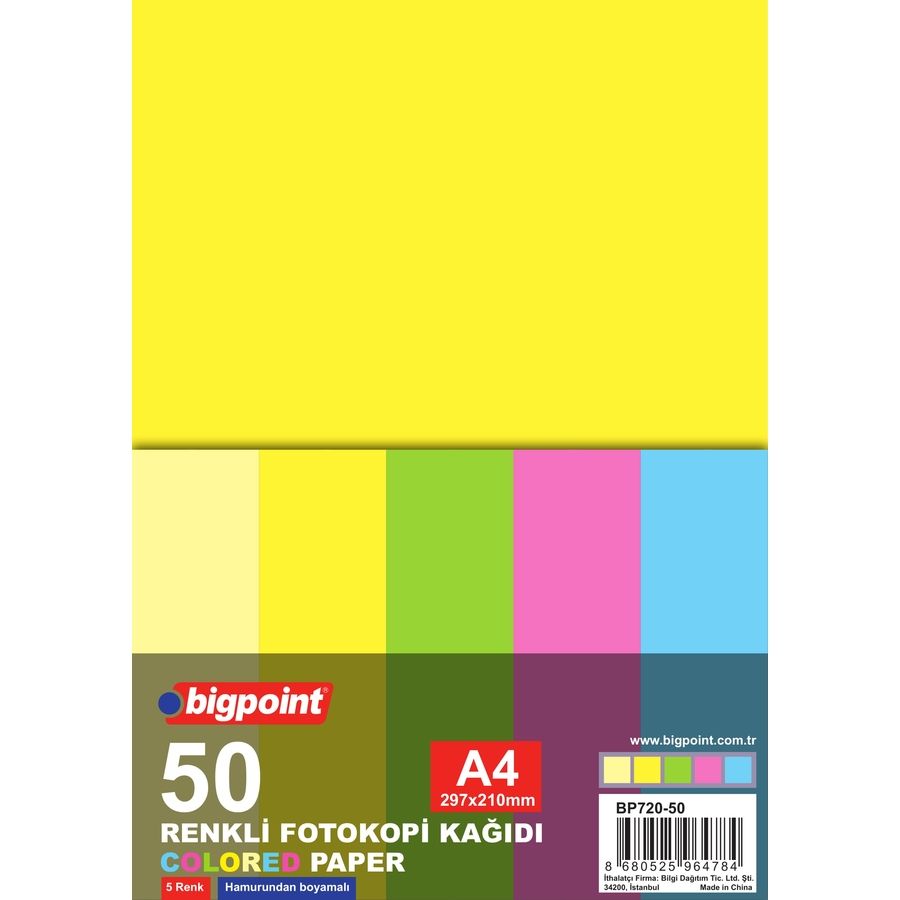 BİGPOİNT BP720-50 A4 RENKLİ FOTOKOPİ KAĞIDI 5 RENK 50'Lİ