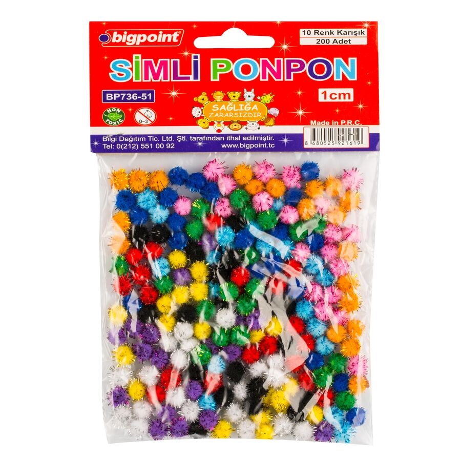 BİGPOİNT BP736-51 PONPON SİMLİ 1 CM 10 RENK / 200'LÜ POŞET