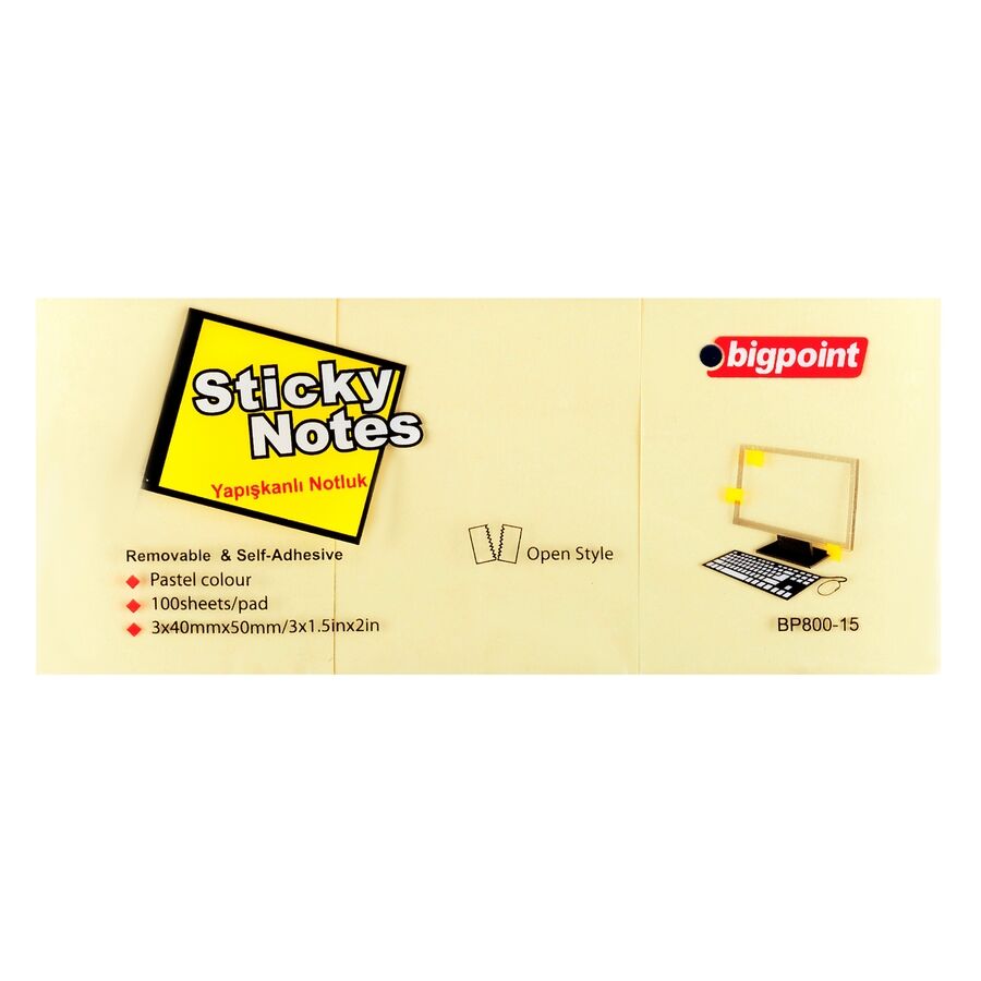 BİGPOİNT BP800-15 YAPIŞKANLI NOT KAĞIDI 40X50MM SARI 12'Lİ PK.