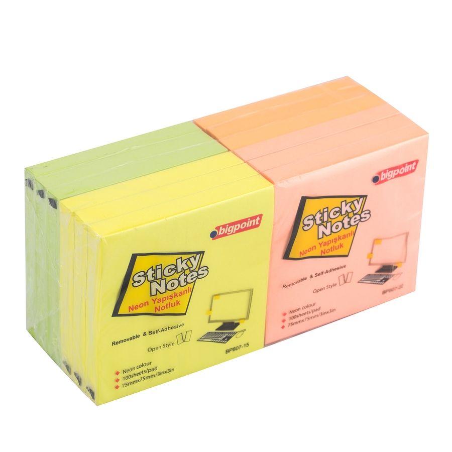 BİGPOİNT BP807 YAPIŞKANLI NOT KAĞIDI 75X75MM NEON 4 RENK 12'Lİ PAKET