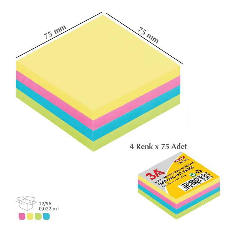 3A 1442 YAPIŞKANLI NOT KAĞIDI PASTEL RENK 75X75 MM (4 RENK X 75 ADET) 12'Lİ KT