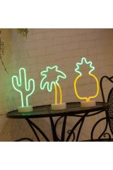 Tropikal Palmiye Ananas Kaktüs 3'lü Usb Ve Pilli Neon Led Lamba Masa Gece Led Işık