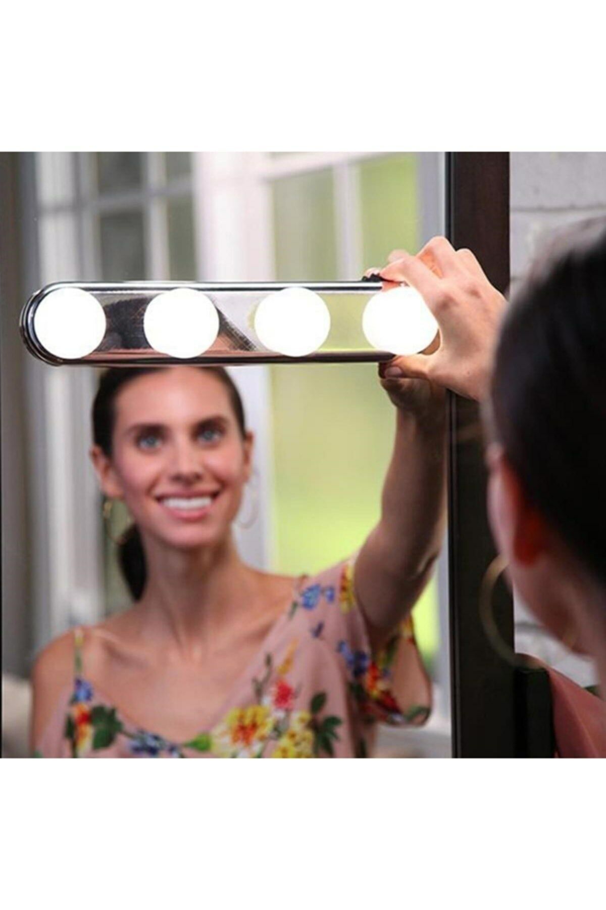 2 Adet Banyo Mutfak Stüdyo Makyaj Aynası Işığı Pilli Vantuzlu Taşınabilir 4 Led Ampul