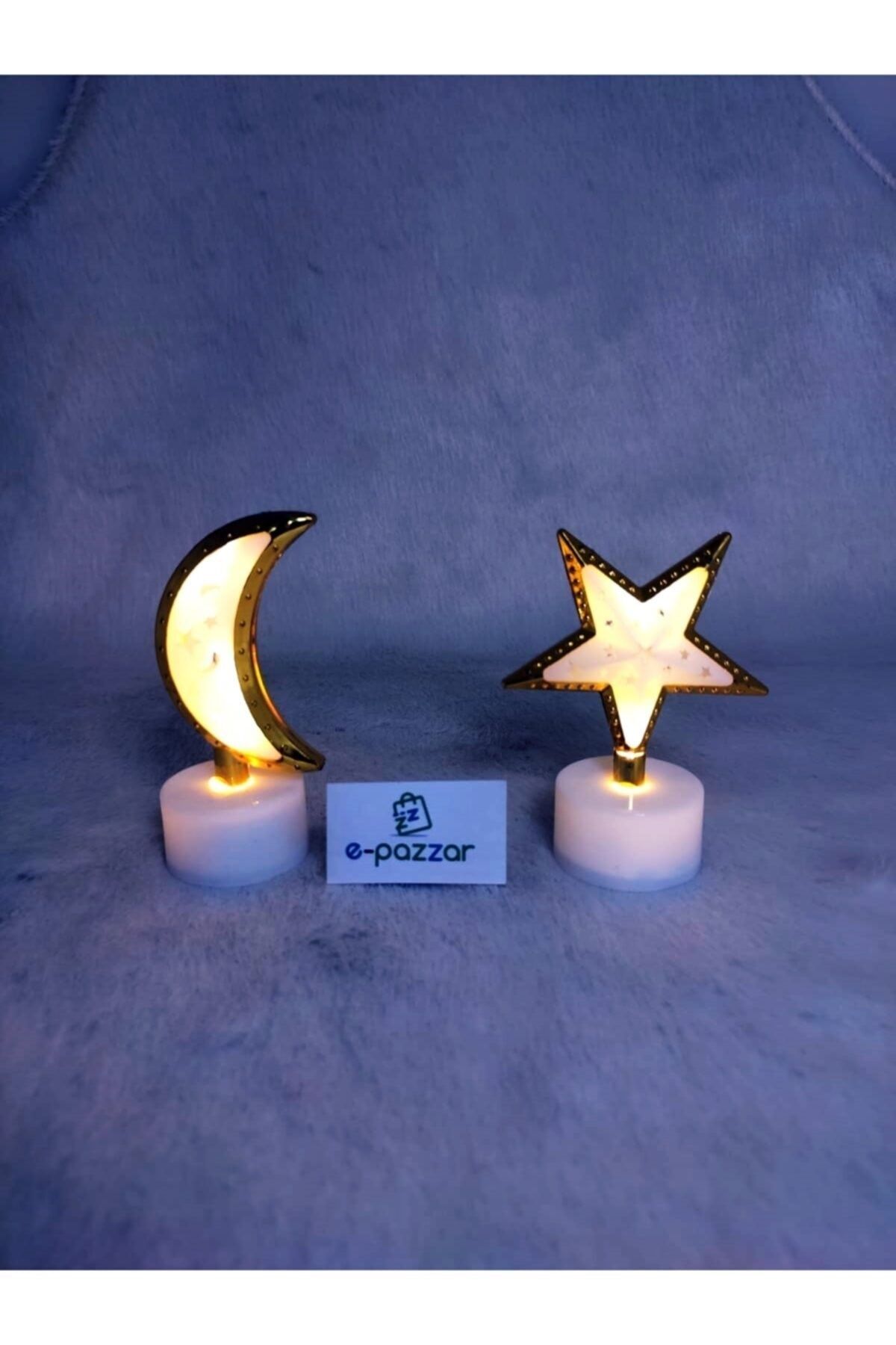 Ay Ve Yıldız Mini Lamba 3'lü Set Biblo Gold Renk Masa Dekor Led Işık Mini Lamba