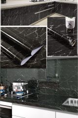 Yapışkanlı Folyo Siyah Mermer Desenli 500 X 60 Cm Dekoratif Sitcker Kağıt Folyo