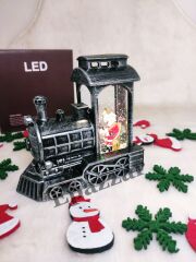 Yılbaşı Noel Baba Tasarımlı Gümüş Sulu Simli Tren Model Işıklı Küre