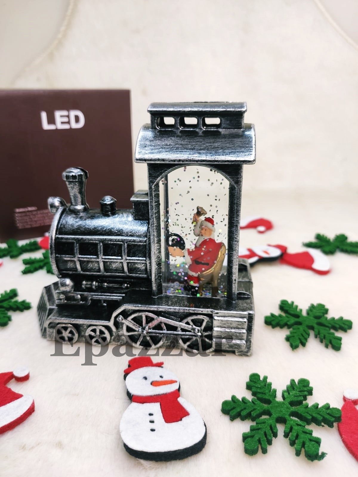 Yılbaşı Noel Baba Tasarımlı Gümüş Sulu Simli Tren Model Işıklı Küre