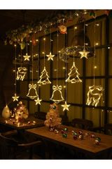 Yılbaşı Noel Perde LED Işık Süslemesi Yeni Yıl Çam Ağacı Geyik Çan Temalı Işık Zinciri