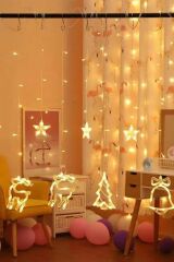 Yılbaşı Noel Perde LED Işık Süslemesi Yeni Yıl Çam Ağacı Geyik Çan Temalı Işık Zinciri