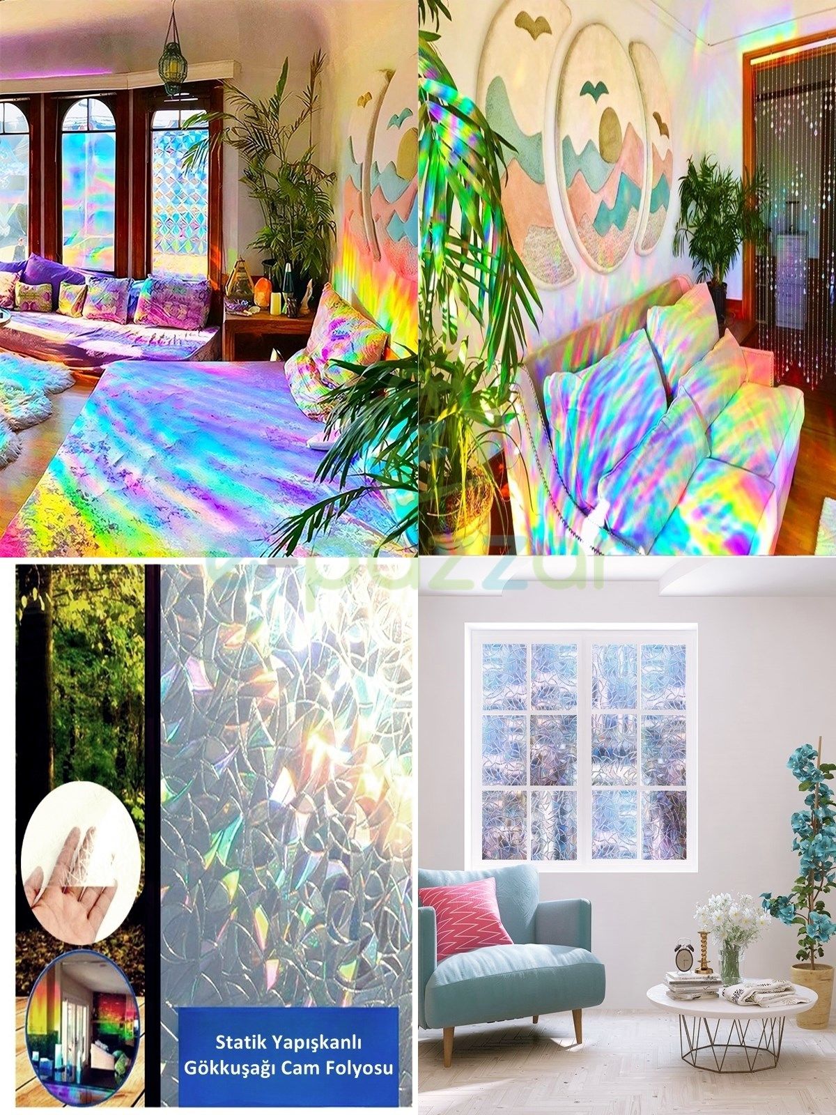 Dekoratif Uv Koruyucu Transparan 3D Gökkuşağı Cam Folyosu Statik Sticker 3 Metre X 60 Cm
