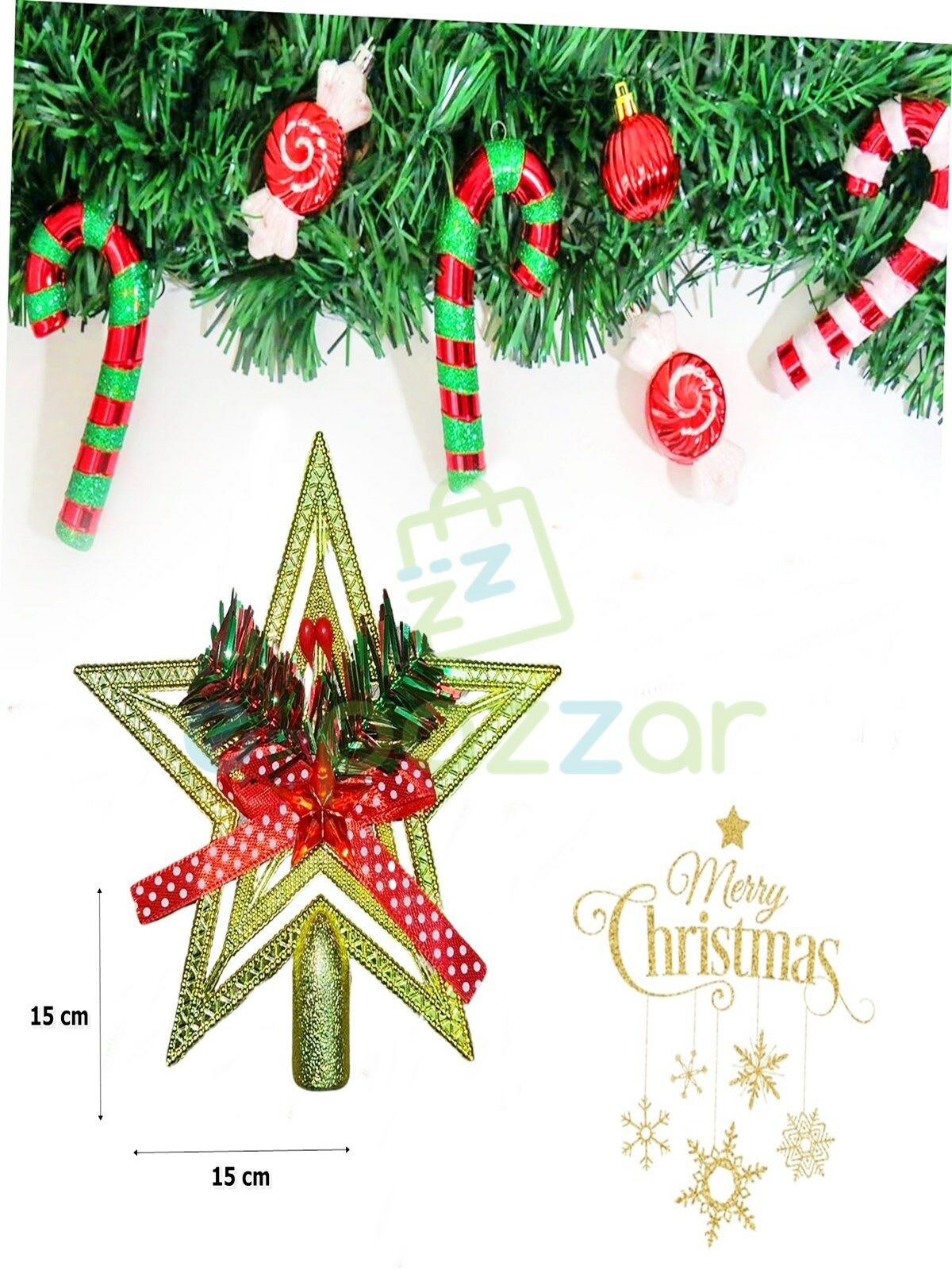 15 Cm Gold Pvc Kırmızı Fiyonk Kurdaleli Noel Christmas Yılbaşı Ağaç Konsept Süsleme Tepe Yıldızı