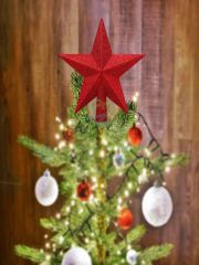 20 Cm Kırmızı Simli Işıltılı Noel Christmas Yılbaşı Ağaç Konsept Süsleme Tepe Yıldızı