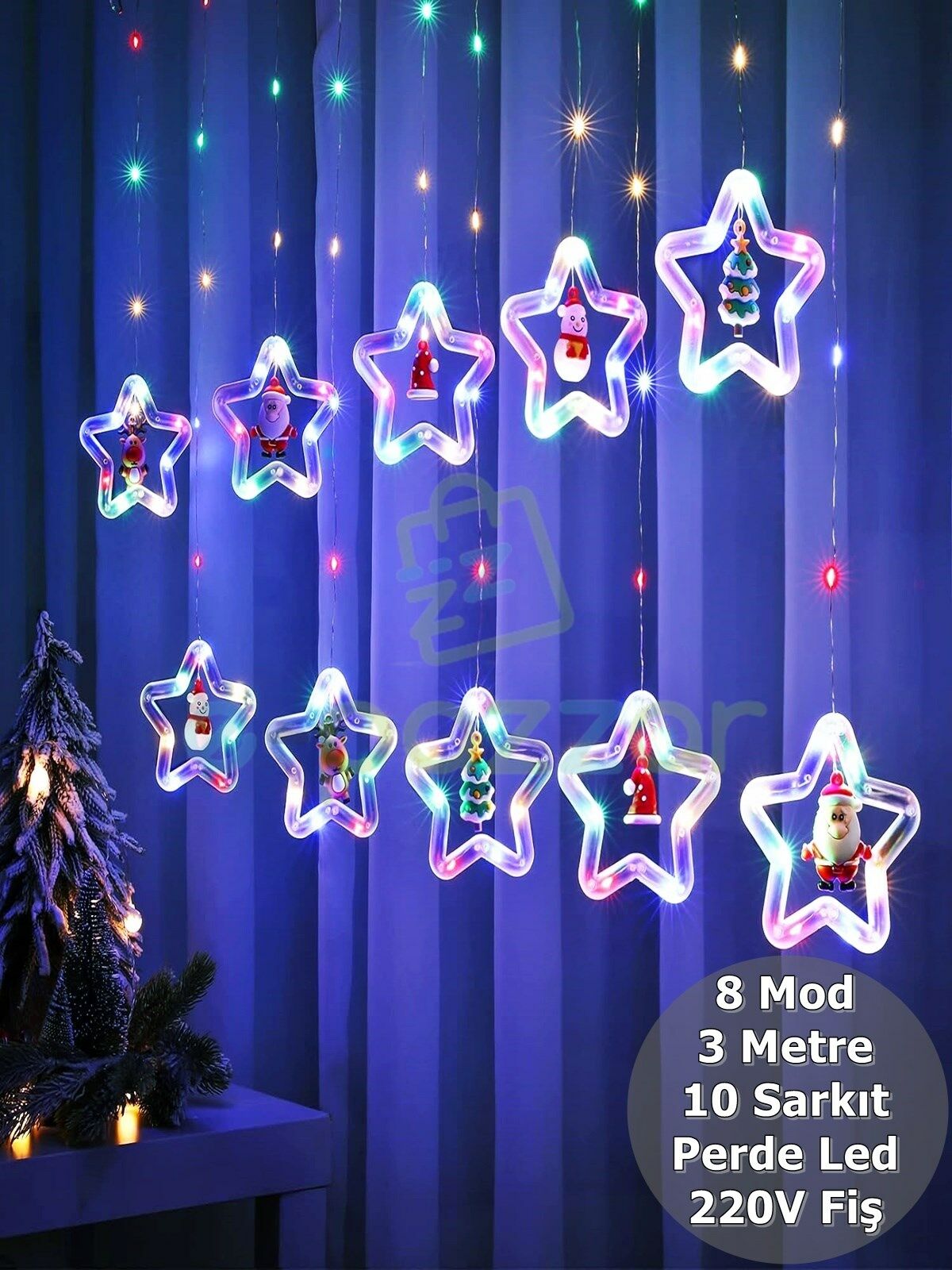 10 Saçaklı Yıldız Noel Figürlü Yılbaşı Organizasyon Konsept Süsleme 8 Mod RGB Perde Led Işık