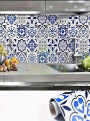 5 Metre X 60 Cm Retro Mavi Çini Desenli Mutfak Banyo Fayans Tezgah Masa Dekorasyon Yapışkanlı Folyo