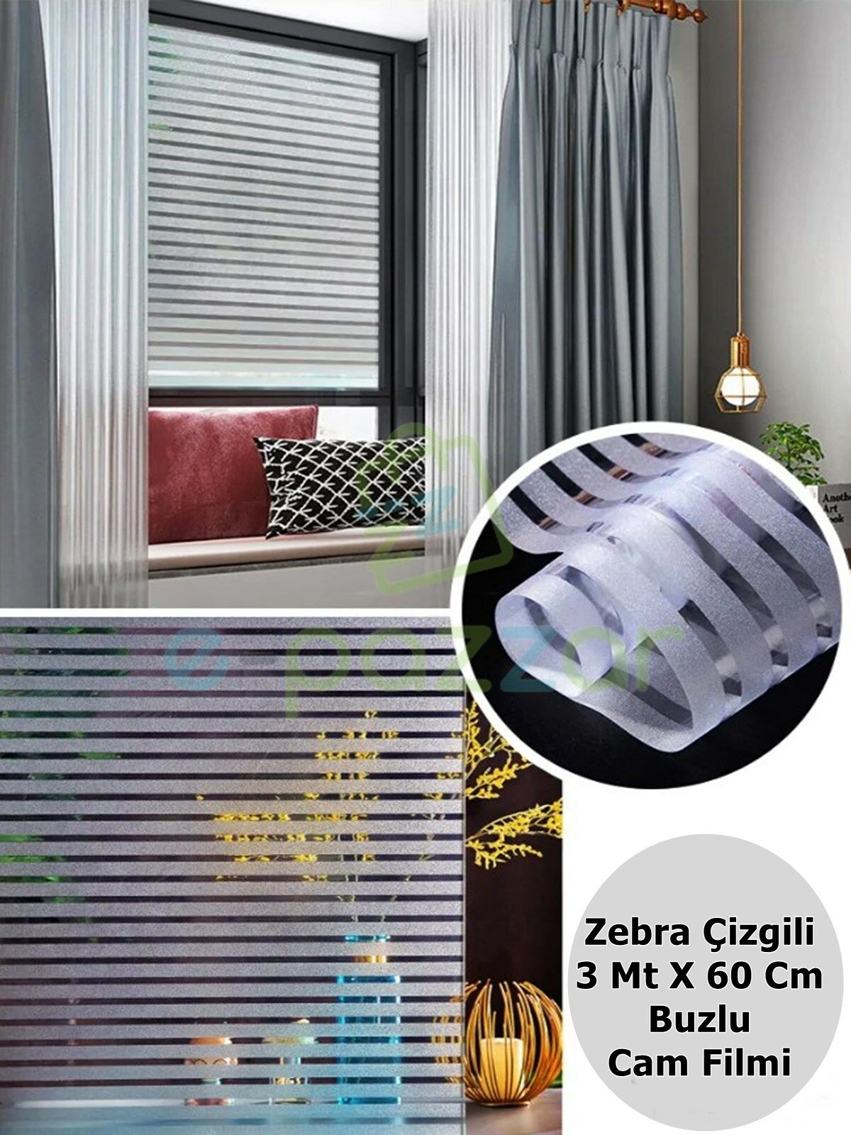 3 Metre X 60 Cm Uv Koruyucu Transparan 3D Buzlu Zebra Çizgili Cam Banyo Pencere Folyosu Statik Stick