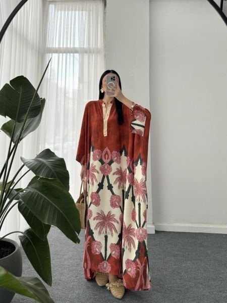 Oversize Desenli Elbise - Kiremit