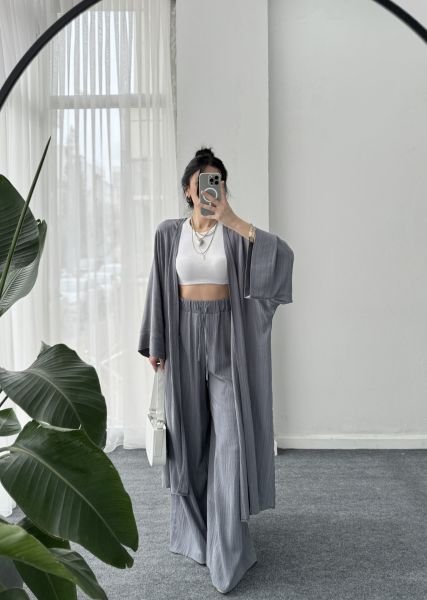 Gofre Kimono Takım - Koyu Gri