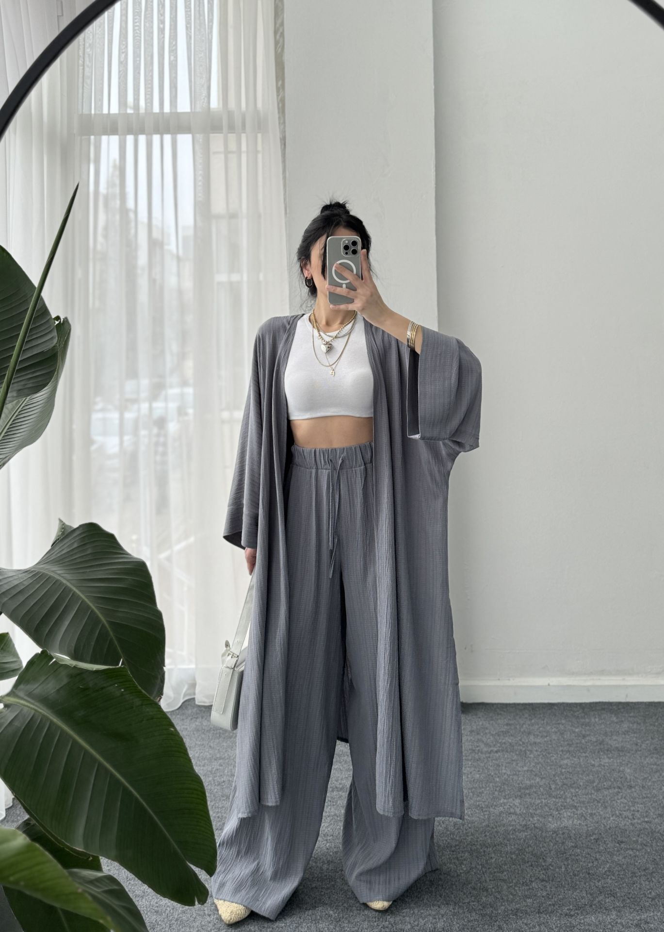 Gofre Kimono Takım - Koyu Gri
