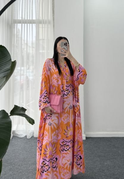 Hakim Yaka Oversize Desenli Elbise - Turuncu