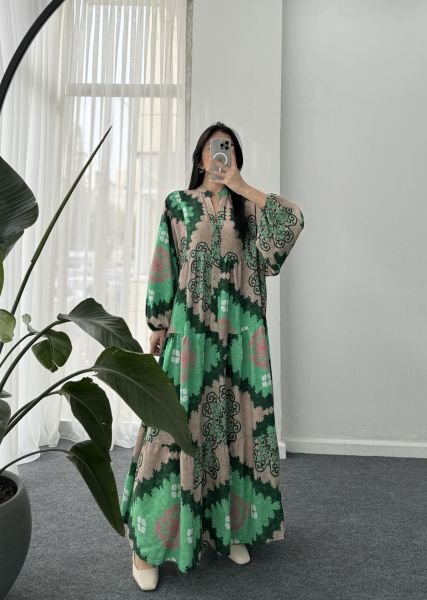 Katleya Model Desenli Elbise - Yeşil