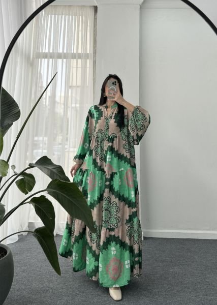 Katleya Model Desenli Elbise - Yeşil