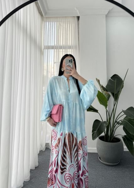 Katleya Model Desenli Elbise - Buz Mavisi