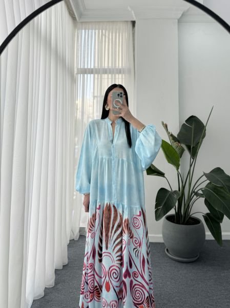 Katleya Model Desenli Elbise - Buz Mavisi