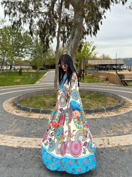 Katleya Model Etnik Desen Elbise  - Mavi