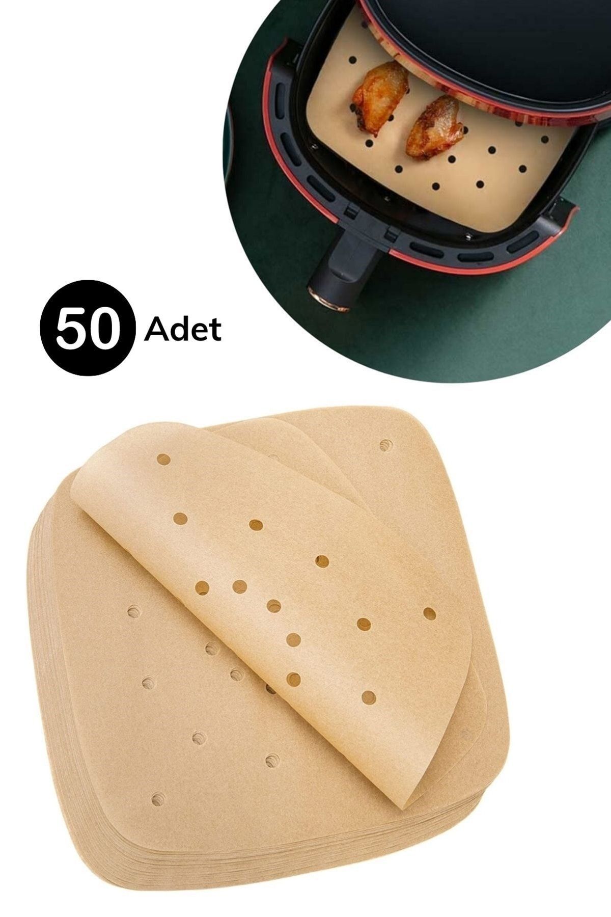 50 Adet Air Fryer Pişirme Kağıdı Tek Kullanımlık Hava Fritöz Yapışmaz Yağlı Kağıt Delikli Model