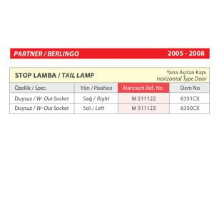 Partner-Berlingo Sağ Stop Lamba Duysuz (Yana Açılan Kapı) 2005-2008