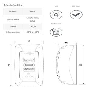 Sanel Usb Type-C Şarj Ünitesi 12/24V 6.3A Düz Tipi Mavi Led SUC10B.DG