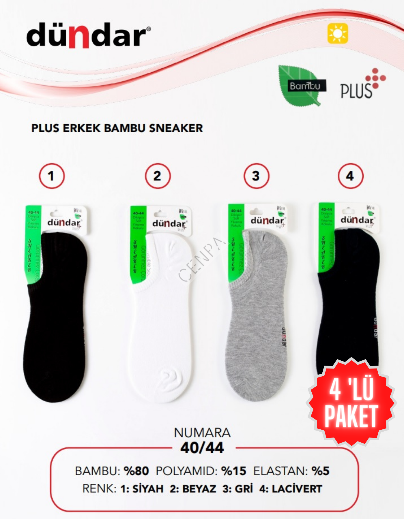 Dündar Erkek Plus Bambu Sneaker Çorap 4 'lü Paket
