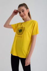 b-fit Kadın Kısa Kollu Baskılı T-Shirt Wormie Elma Kurdu - SARI
