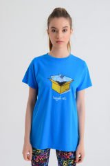b-fit Kadın Kısa Kollu Baskılı T-Shirt Wormie Hayalet - MAVİ