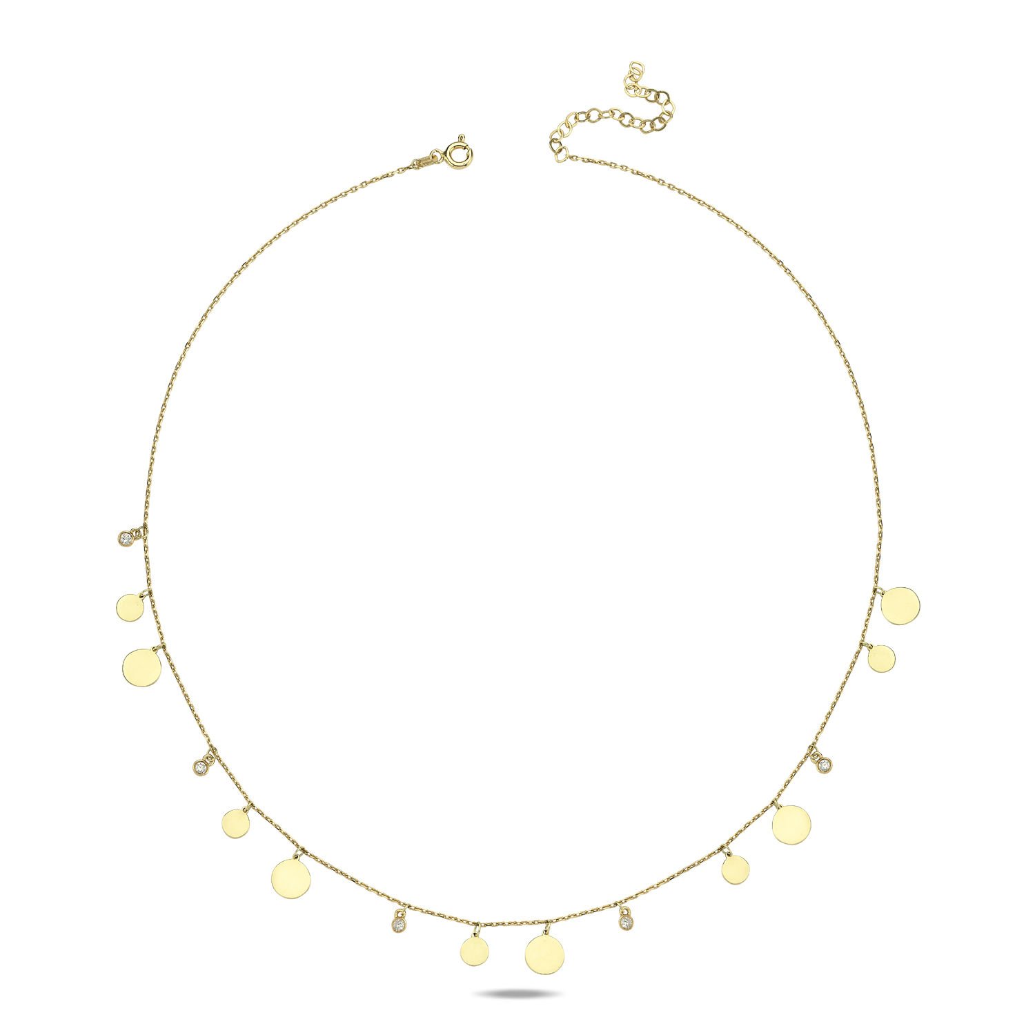 14K TWO SIZE PLAIN COIN WITH DIAMOND STONES DAINTY NECKLACE