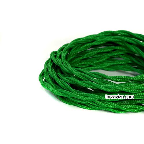 Tarzavize 2x0,50mm Yeşil Renkli Dekoratif BURGULU Kumaş Kablo, 1 Metre