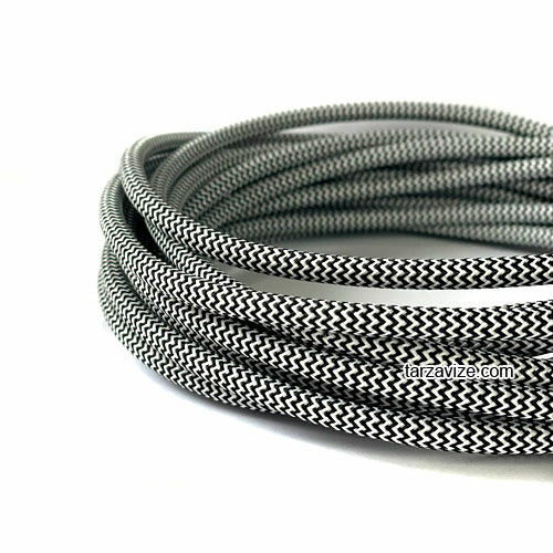 Tarzavize 2x0,50mm Siyah Beyaz Renk Dekoratif Örgülü Kumaş Kablo, 1 Metre