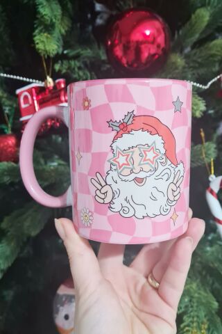 Retro Groovy Santa Tasarım Yılbaşı Hediyesi Pembe Kupa Bardak