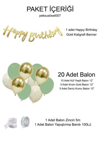 Küf Yeşili Deniz Kumu Krom Gold Konsept Renkler Doğum Günü Balon Zinciri Happy Birthday Bannerlı Mini Balon Zinciri Seti