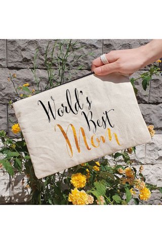 Clutch Çanta - World's Best Mom Yazılı Anneye Hediye Astarlı Makyaj Çantası