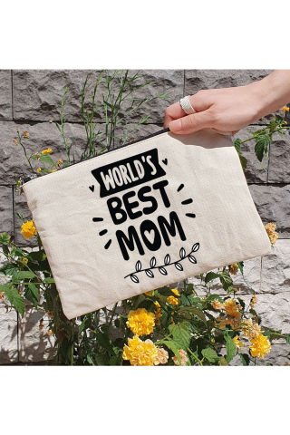 Clutch Çanta - World's Best Mom Yazılı Anneye Hediye Astarlı Makyaj Çantası