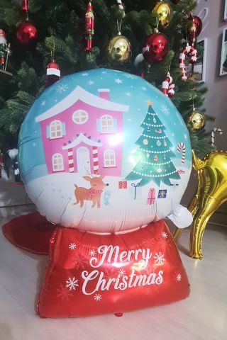 Kar Küresi Şeklinde Merry Christmas Folyo Balon Yılbaşı Süsü