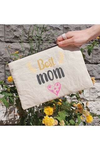 Clutch Çanta - Best Mom Yazılı Anneye Hediye Astarlı Makyaj Çantası