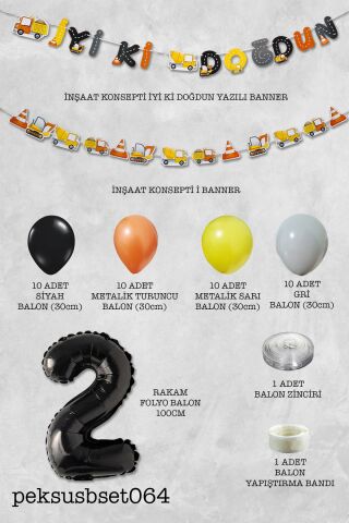 İnşaat Doğum Günü Balon Zinciri Yaş Balonlu Parti Süsleme Seti Bannerlı Rakam Balonlu Paket